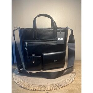 DKNY Black ZYON TOTE Faux Leather Bag For Work /Travel Cloth Adj Strap NWT $248